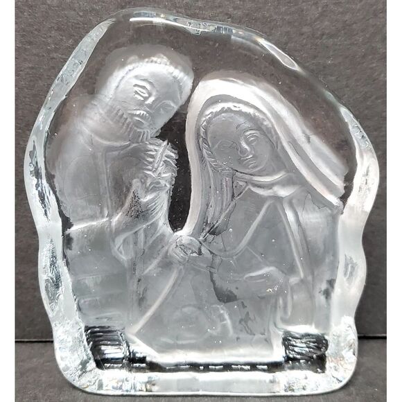 VTG '80s Paperweight Nativity Manger Scene Clear & Frosted Glass Holy Family Art - Picture 1 of 12